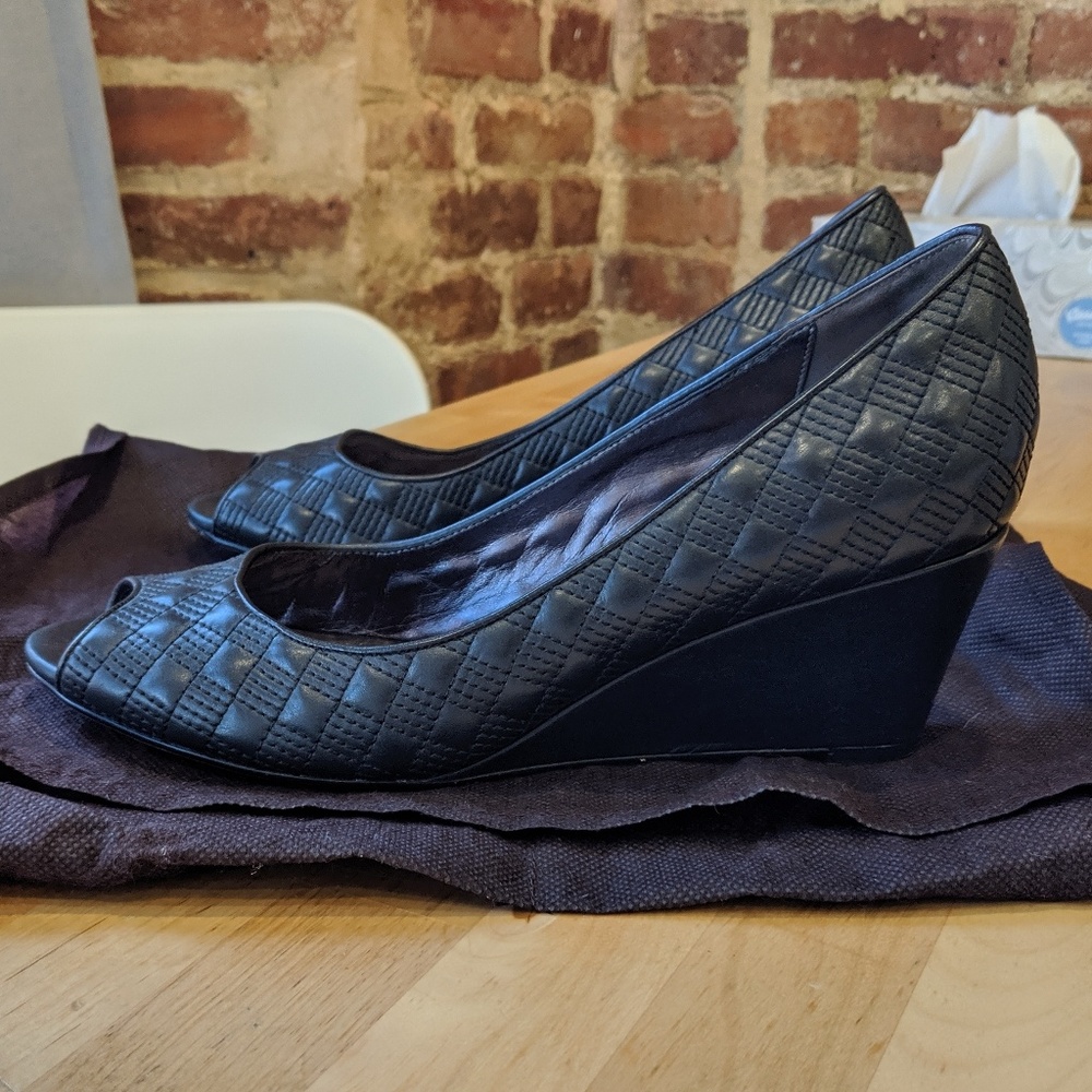 Black Cole Haan Peep toe Wedges Quilting Detail